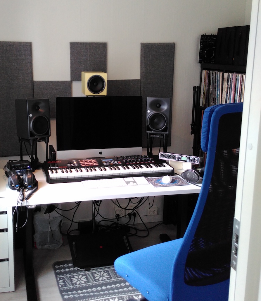 My original room setup, lacking both symmetry and proper acoustic treatment.